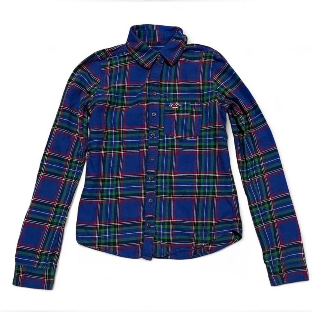 Hollister Women’s Blue Plaid Button-Up Shirt 100% Cotton Long Sleeve Top Size XS